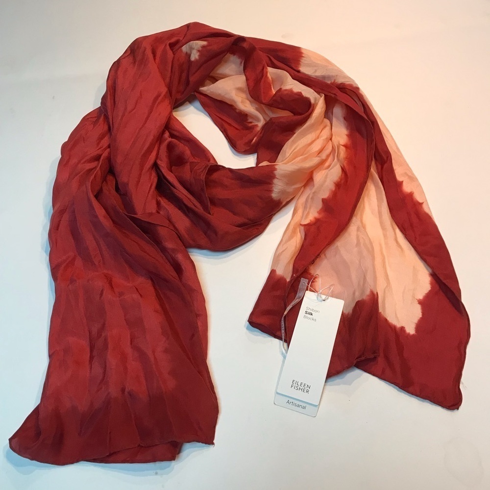 Eileen Fisher NEW Shibori Tie Dye Silk Scarf Rust Cream NWT